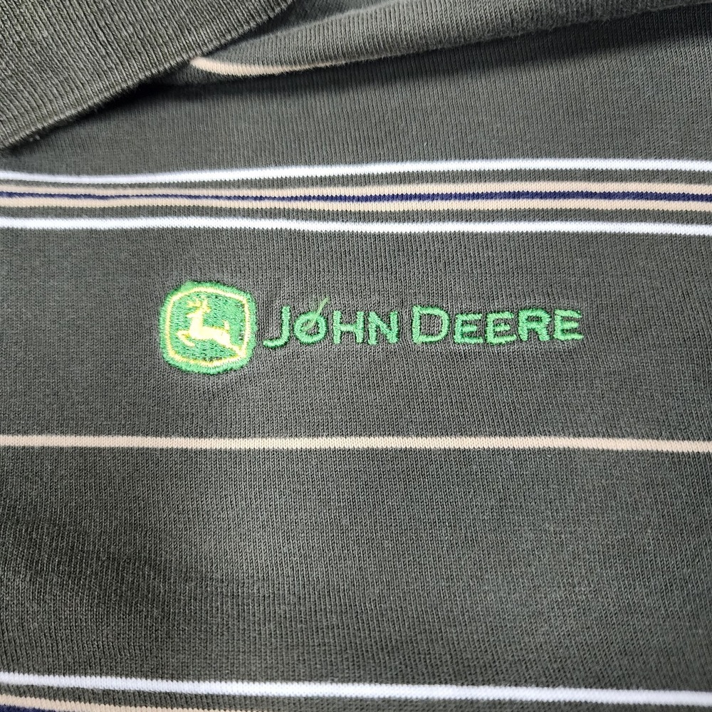 John Deere Polo Shirt Mens Medium Green Striped Embroidered Logo‎ Casual Cotton - Picture 2 of 13